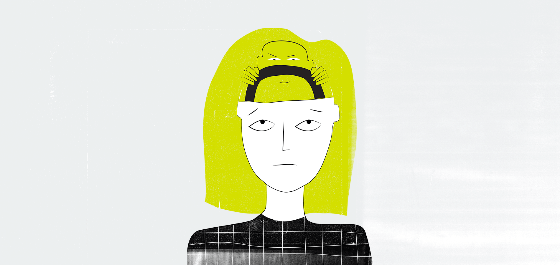 Illustration of a female figure looking up. In his hair, a male figure holds a steering wheel, with menacing eyes.