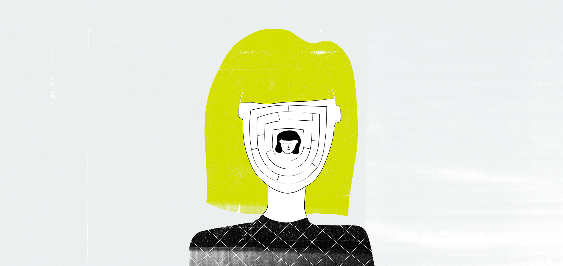 Illustration of a female figure with, behind her, the shadow of a man in profile. The woman has one arm wrapped around her neck, like a scarf.